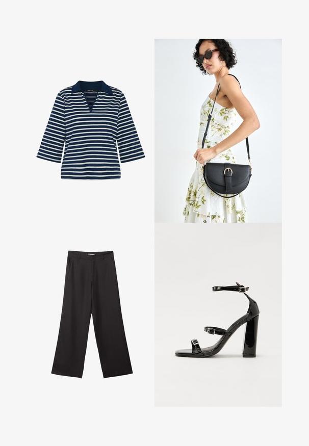 Tummansininen ja valkoinen raitapaita, jossa on kaulus, V-mallinen kaula-aukko ja kolme neljännespituiset hihat, valmistettu pehmeästä kankaasta.; Mustat leveälahkeiset housut, jotka on valmistettu sileästä kankaasta. Niissä on edessä vetoketju ja kaksi sivutaskua, ja niiden muotoilu on räätälöity ja minimalistinen.; Musta kiiltävä korkokenkä sandaalit neliönmuotoisella varpaalla, nilkkaremmillä ja hopeisilla soljilla. Varustettu tukevalla lohkokorkealla vakauden takaamiseksi.; Musta nahkainen käsilaukku, joka on kaareva muotoilultaan, irrotettavalla hihnalla ja kultaisilla yksityiskohdilla. Laukussa on läppä, jossa on solk yksityiskohta.