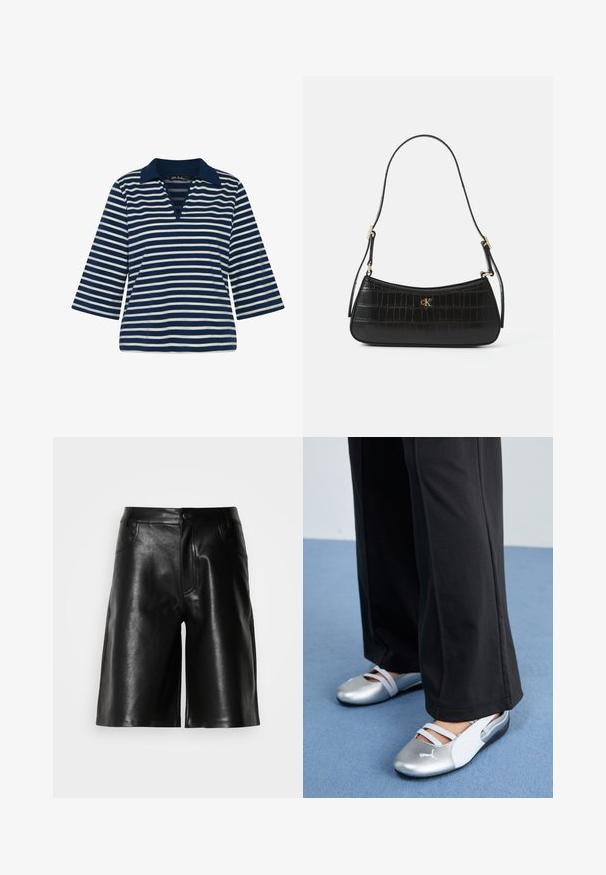 Pulovr v námořnické modré a bílé pruhované barvě s límečkem, výstřihem do V a rukávy o délce tři čtvrtě, vyrobený z měkké tkaniny.; Černé kožené šortky s hladkou texturou, které mají přední kapsy, zip a upravený střih.; Stříbrné a bílé ploché boty s křížovými pásky a texturovaným detailem, doplněné volnými černými kalhotami. Umístěno na modré podlaze.; Černá kožená kabelka s krokodýlí texturou, štíhlého tvaru a zlatou kovovou sponou. Obsahuje jeden ramenní popruh a vypadá s podrobnostmi s embosovaným logem.