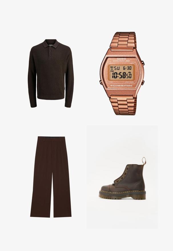 Ruskea neulotut pitkähihaista polo-neuletta, jossa on ribbig tekstuuri, kolme nappia ja klassinen kaulus.; Ruske leve široke hlače z gubami. Narejene so iz gladkega blaga, z oblikovanim pasom in stranskimi žepi. Ravna obleka na dnu.; Ruske nahkasaapad ankliaukolla, pyöreällä kärjellä, kontrastivärisin keltaisin tikkausin, koristeellisin metallisilmukoita ja uritetulla kumipohjalla.; Digitaalinen Casio-kello, jossa on ruusukultainen metalliranneke, suorakaiteen muotoinen kuori, valaistu näyttö ja vedenkestävyys, näyttää ajan ja päivämäärän.