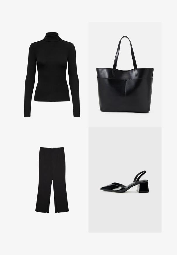 Black long-sleeve turtleneck top made from ribbed fabric; fitted design with a high neck, smooth texture, and no visible patterns or accents.; Black trousers with a straight fit, featuring front pockets and side slits at the hem. Made of soft, smooth fabric. Suitable for various occasions.; Black patent leather slingback heels with a pointed toe and a geometric block heel. Features a sleek, minimal design and smooth texture.; Black leather tote bag with two long handles, a smooth texture, and a structured shape. Features a front pocket for additional storage.