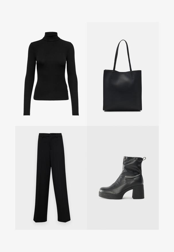 Crni šal majica s dugim rukavima izrađena od rebraste tkanine; prilagođen dizajn s visokim ovratnikom, glatka tekstura i bez vidljivih uzoraka ili naglasaka.; Crne široke hlače od glatkog materijala, s klasičnim pojasom koji se zatvara dugmetom i prednjim naborima.; Crne gležnjače od glatke kože, s bočnim zatvaračem, debelim teksturiranim potplatom i dizajnom s zaobljenim prstima.; Crna kožna torba za nošenje s glatkom teksturom, pravokutnim oblikom i dvije duge ručke. Nema vidljivih metalnih dijelova ili ukrasa.