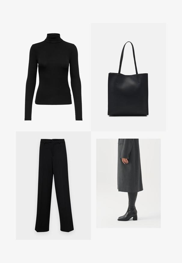 Fekete, hosszú ujjú, garbós blúz bordázott anyagból; testhezálló fazon, magas nyakkal, sima textúrával, látható minták vagy díszítések nélkül.; Fekete, széles szárú nadrág sima anyagból, klasszikus derékrésszel, gombzárral és elülső redőkkel.; Szürke, szabott overál, egyenes vonallal; térd fölé érő fekete bőrcsizmákkal párosítva, négyzetes orral és vastag sarokkal.; Fekete bőrtáska sima felszínnel, téglalap alakú, két hosszú füllel. Nincs látható fémkiegészítő vagy díszítés.