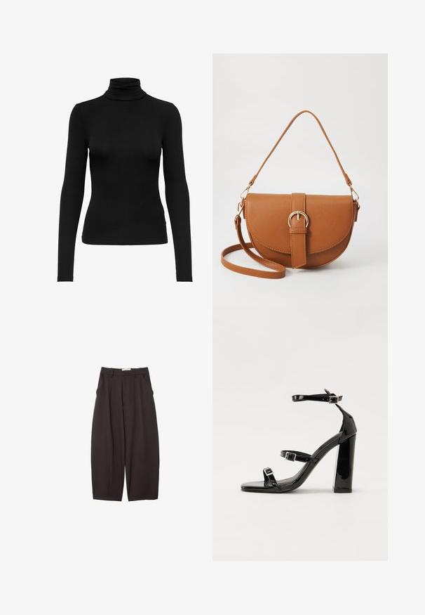 Black long-sleeve turtleneck top made from ribbed fabric; fitted design with a high neck, smooth texture, and no visible patterns or accents.; Black wide-leg trousers made from a smooth fabric, featuring a high waist, front pleats, and side pockets. Simple design without embellishments.; Black patent high-heeled sandals with two buckle straps, square toe, and a chunky block heel, featuring a smooth, glossy texture.; Brown leather crossbody bag with a curved shape, gold hardware, and a buckle accent. Features a detachable shoulder strap.