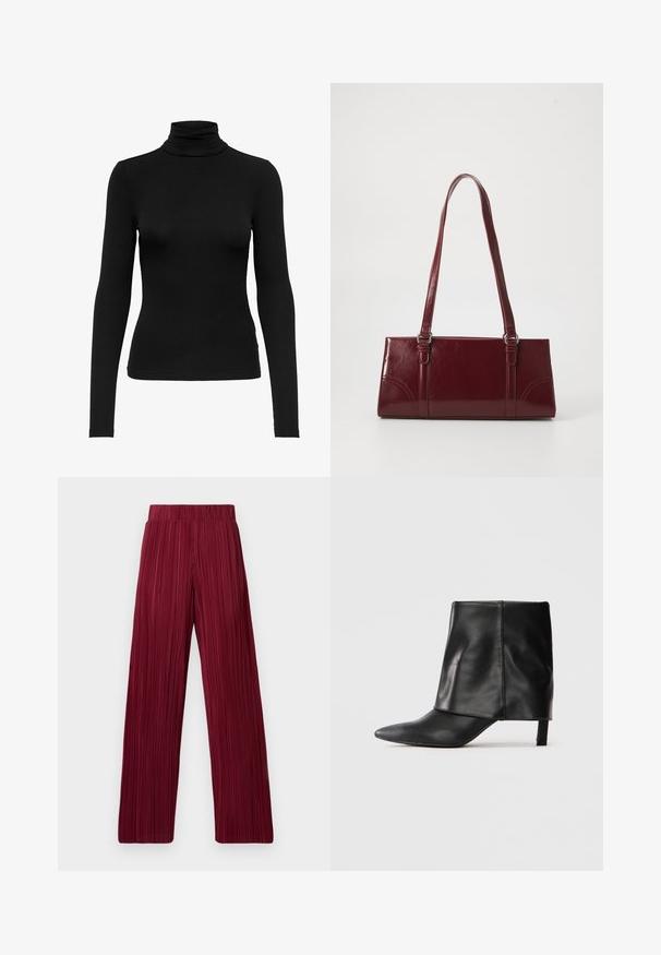 Schwarzes langärmliges Rollkragenoberteil aus geripptem Stoff; taillierte Passform mit hohem Kragen, glatter Textur und ohne sichtbare Muster oder Akzente.; Bordeauxfarbene, plissierte, weite Hosen mit elastischem Bund. Der strukturierte Stoff weist vertikale Streifen auf. Gerader Schnitt bis zum Saum.; Schwarze Lederstiefel bis zur Mitte der Wade mit spitzer Zehe, gefaltetem oberen Schaft und schlankem, niedrigem Absatz auf weißem Hintergrund.; Burgunderfarbene Handtasche aus glänzendem Material, rechteckige Form, mit zwei Schulterriemen und subtilen, geschwungenen Akzenten an der Vorderseite.