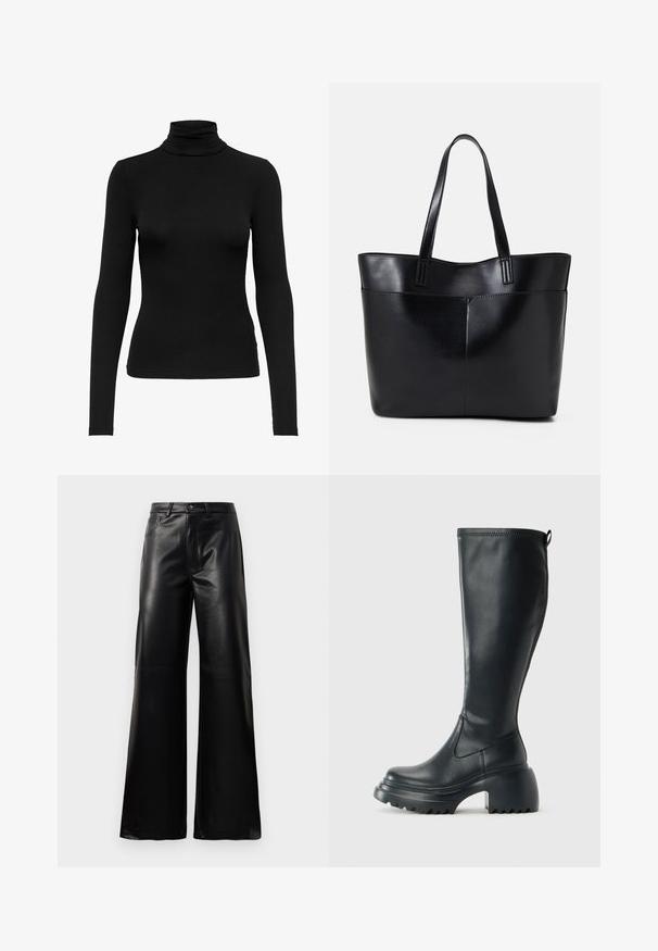 Schwarzes langärmliges Rollkragenoberteil aus geripptem Stoff; taillierte Passform mit hohem Kragen, glatter Textur und ohne sichtbare Muster oder Akzente.; Schwarze leichte, weit geschnittene, hochtaillierte Kunstlederhose mit vorderem Knopf, Reißverschluss, Gürtelschlaufen und Seitentaschen auf weißem Hintergrund.; Hoher schwarzer Lederstiefel mit einer robusten Plateausohle und Blockabsatz, der über eine Zuglasche und ein strukturiertes Profil an der Außensohle verfügt.; Schwarze Leder-Shopper-Tasche mit zwei langen Griffen, einer glatten Textur und einer strukturierten Form. Verfügt über eine Vordertasche für zusätzlichen Stauraum.