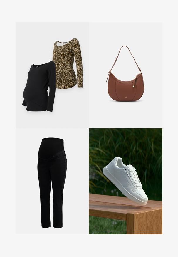 Kaks pikka varrukat rasedate pluusi: üks on täiesti must, teine pruun leopardi mustriga, mõlemad avatud kaelusega ja pehmest kangast.; Mustad rasedusjeansid, millel on veniv kõrge vöökoht ja kitsad sääred, disainitud mugavuse ja toe tagamiseks raseduse ajal.; Valged sneakerd, millel on sile sünteetiline ülemine osa, väikeste aukudega varvaskast, lamedad paelad ja tekstuuriga tald, eksponeeritud puidust pinnal.; Pruun faux nahast õlaline kott, millel on kaarjas kuju, minimaalne õmblemine ja kuldse tooni metallist aksessuaar. Omab ülemist tõmblukku ja reguleeritavat rihma.