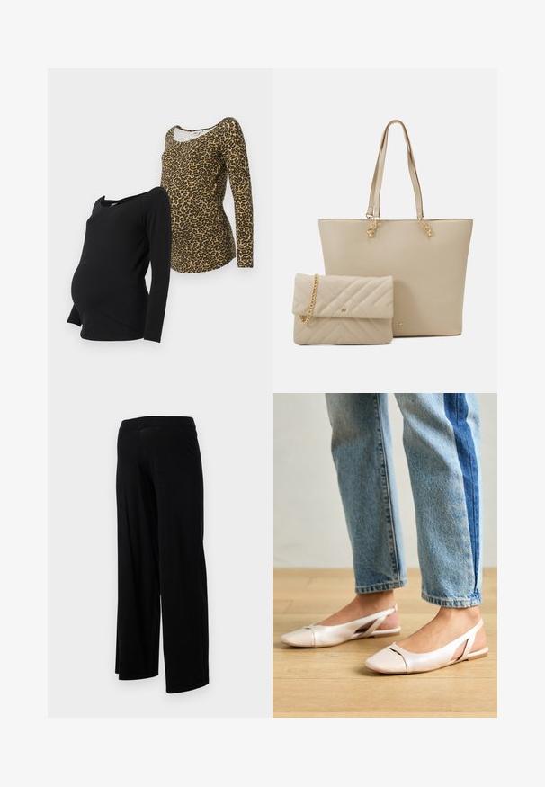 Két hosszú ujjú kismama felső: az egyik egyszínű fekete, a másik barna leopárdmintás, mindkettő mély dekoltázzsal és puha anyaggal rendelkezik.; Fekete, bőszárú nadrág, rugalmas derékkal és sima, rugalmas textúrával. Egyszerű dizájnnal rendelkezik, minták vagy díszítések nélkül.; Világos rózsaszín slingback laposlábú cipők, hegyes orral, sima bőrhatású anyagból készült. Oldalt kivágott részletek találhatók rajta, valamint lapos sarkú.; Beige tote táska lapos fogantyúkkal, sima textúrával és arany hardverekkel, egy hozzáillő steppelt clutch-csal kombinálva, amely lánc pánttal rendelkezik.