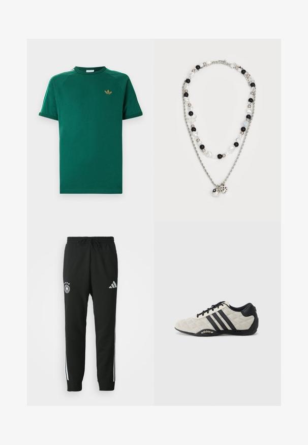 Roheline lühikeste varrukatega Adidas t-särk ümara kaelusega, kullakarva kolmelehelise logoga rinnal ja valgete triipudega roheliste servadega õlgadel.; Mustad mustaharjad, millel on paelaga vöökoht, valgete külgtriipudega, viie tähega emblem ja Adidas logo reiel.; Adidase spordijalats, millel on tekstureeritud helehall ülemine osa ja mustad nahkaktsendid. Omab musta kolme triibu logo ja pehmendatud tallat.; Kaksikihiline kaelakee hõbedasest ahelast, mustade, valgete ja kreemjate segatud helmestega, kaunistuselementidega, mis meenutavad täringut ja kuuli.