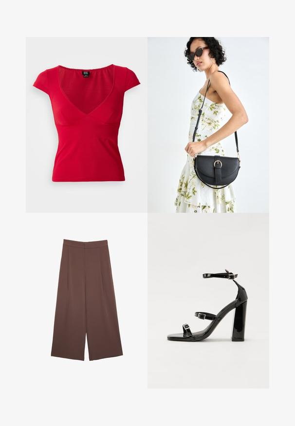 Röd figursydd kortärmad topp för kvinnor med djup V-ringning och lätt samling under bysten på en enfärgad bakgrund.; Bruna vida byxor med en slät textur, som har hög midja och framfickor. Tyget är lätt och flödar löst.; Svarta lackerade klacksandaler med fyrkantig tå, ankelremmar och silverfärgade spännen. Har en kraftig blockklack för stabilitet.; Svart läderhandväska med en böjd form, avtagbar rem och guldiga detaljer. Väskan har ett lock med en spänndetalj.