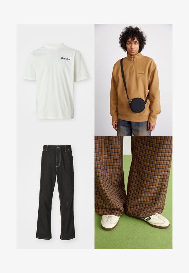 T-shirt branca de mangas curtas, feita em algodão, com um logótipo em azul com o texto "Dickies" na área do peito esquerdo e um design de corte reto.; Calças de ganga pretas de corte largo, com costuras brancas em contraste, fecho de botão e design de perna reta.; Calças largas em padrão xadrez castanho e azul, combinadas com sapatos brancos com detalhes pretos e solas texturizadas, contra um fundo verde.; Sweatshirt de felpa castanho com zíper de um quarto e logótipo bordado, acompanhado de uma mala crossbody preta com fecho e detalhe do logótipo, vestida sobre uns jeans.