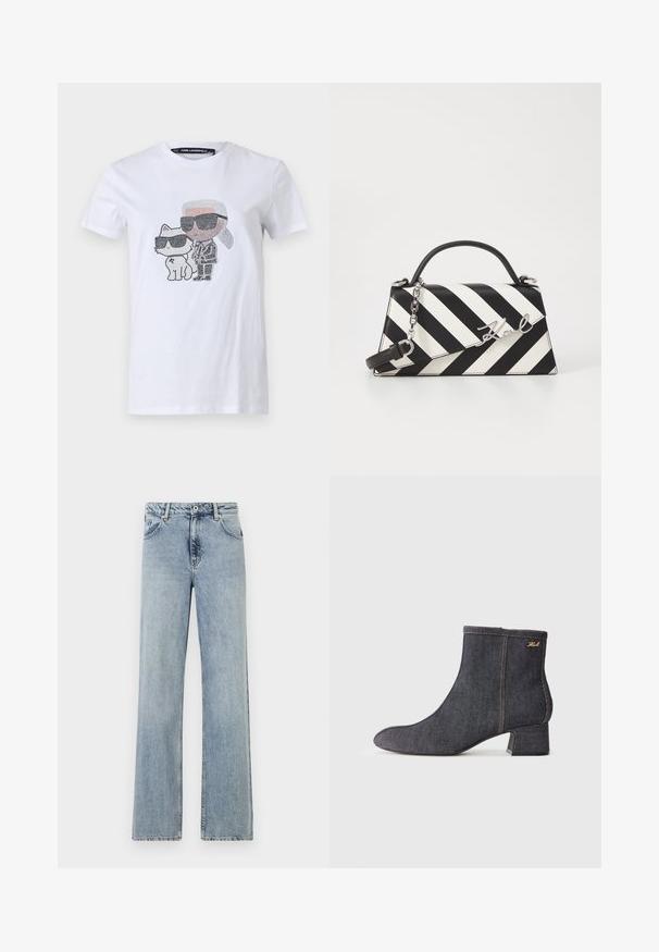 Bijela pamučna majica s grafičkim dizajnom koji prikazuje lik i mačku u naočalama, ukrašena crnim i sivim detaljima.; Svijetloplave, široke traperice od denima. Imaju zatvaranje na gumbe i patentni zatvarač, prednje džepove i suptilno izblijedjenje. Čisti rubovi.; Tamni traperi čizmi do članaka s šiljatim vrhom, blok-petom, vidljivim šavovima i suptilnim logotipom s strane. Glatka tekstura.; Crno-bijela prugasta torba s čvrstim oblikom, koja ima ručku na vrhu, odvojivu lančanu naramenicu i metalni logo akcent.