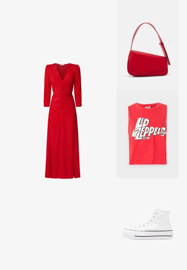 Crvena majica bez rukava od pamuka. Ima veliki grafički print "LED ZEPPELIN" s ribljim simbolom i "EST. 1968" u bijeloj boji.; Crvena haljina s V-izrezom, rukavima do tri četvrtine i nabranim detaljima u struku i na leđima. Tkanina izgleda glatko i lagano.; Bijela visoka platnena tenisica s crnom gumenom potplatom, prednjim gumenim zaštitnikom prstiju i šest rupa za vezanje, s čistim, minimalističkim dizajnom.; Crvena kožna torba s kutnim, geometrijskim dizajnom. Ima jedan podesivi remen i preklopni zatvarač sa šivenim detaljima.