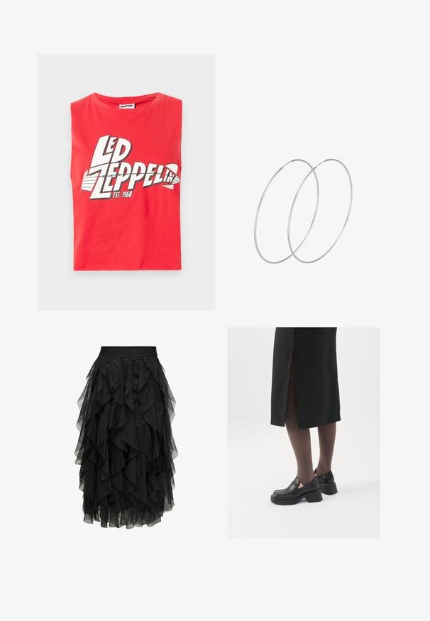 Punainen hihaton t-paita, joka on valmistettu puuvillasta. Siinä on suuri graafinen printti "LED ZEPPELIN" kalasymbolilla ja "EST. 1968" valkoisena.; Musta midi-hame, joka on valmistettu kerroksellisesta tilkuista ja jossa on röyhelömuotoilu. Varustettu joustavalla vyötärönauhalla. Läpinäkyvä kangas tuo tekstuuria ja liikettä.; Mustat nahkakengät pyöreällä kärjellä, paksulla lohkopohjalla ja joustavilla sivuakkesseilla, yhdistettynä tummiin sukkahousuihin ja mustaan hameeseen, jossa on halkio.; Hopehope hopeilla, joissa on minimalistinen muotoilu. Pyöreä muoto, sileä pinta ja ohut profiili. Kevyet ja kiillotetut.