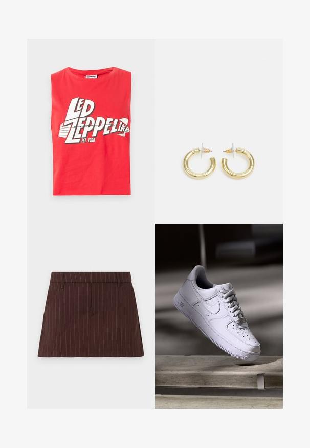 Punane ilma varrukateta T-särk, mis on valmistatud puuvillast. Omab suurt graafilist trükki "LED ZEPPELIN" koos kala sümboliga ja "EST. 1968" valgetes tähtedes.; Pruun triibuline seelik, mis on loodud lähedaselt sobima, omades lame taljeosa, küljetaskuid ja sirget lõikega allääret. Puuvilla segu materjal.; Valge Nike Air Force 1 toss, mis hõljub betoonpinna kohal, varjud minimalistlikus keskkonnas.; Kuldne rõngassõrmused sileda ja läikiva viimistlusega. Ringikujuline disain, millel on väike post ja selge tagumine külg, et tagada kindel kandmine.