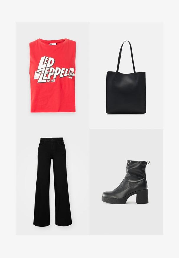 T-shirt vermelha sem mangas feita de algodão. Apresenta uma grande impressão gráfica de "LED ZEPPELIN" com um símbolo de peixe e "EST. 1968" em branco.; Calças largas pretas em denim, com uma cintura estruturada, passantes para cinto e bolsos frontais. Textura suave com um design clássico.; Botas de tornozelo pretas feitas de couro liso, com fecho lateral, salto grosso texturizado e design de bico arredondado.; Bolsa tote preta em couro com textura lisa, forma retangular e duas alças longas. Sem hardware ou enfeites visíveis.