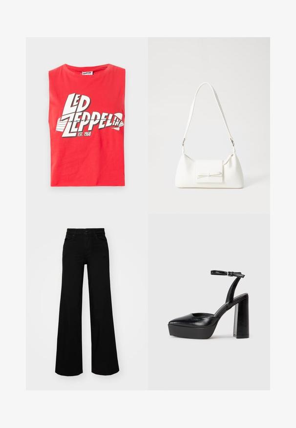 Piros ujjatlan póló, amely pamutból készült. Nagy grafikával rendelkezik, amelyen a "LED ZEPPELIN" felirat, egy hal szimbólum és a "EST. 1968" fehér színben látható.; Fekete, bő szárú farmernadrág, amelynek állítható derékrésze van, övhurkokkal és elülső zsebekkel. Simaság jellemzi, klasszikus dizájnnal.; Fekete platform magassarkú cipők hegyes orral és állítható bokapánttal. Sima bőrből készült, vastag talppal.; Fehér szintetikus kézitáska, háromszög alakú, lapos előlap, masni részlettel, állítható pánttal, sima textúrával és minimalista dizájnnal.