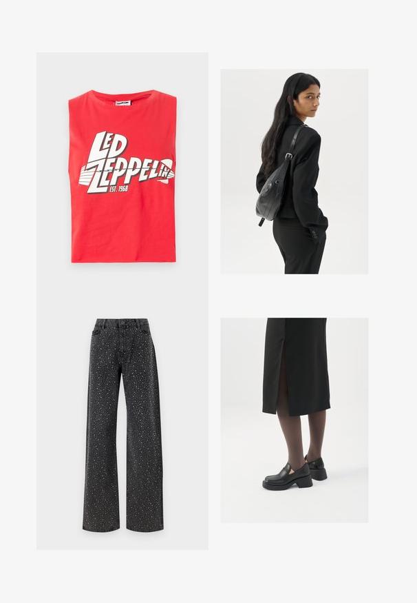 Rode mouwloze T-shirt gemaakt van katoen. Voorzien van een grote grafische print van "LED ZEPPELIN" met een vis symbool en "EST. 1968" in het wit.; Noisy May NMJANNEL LOOSE - Relaxed fit jeans - black denim; Zwarte leren schoenen met een ronde neus, dikke blokhak en elastische zijkanten, gecombineerd met donkere panty's en een zwarte rok met een split.; Vrouw met lang donker haar in een zwart pak, met een zwart leren schoudertas, die over haar schouder kijkt tegen een witte achtergrond.; Zilveren hoepel oorbellen met een minimalistisch ontwerp. Cirkelvormig, gladde textuur en dun profiel. Lichtgewicht met een gepolijste afwerking.