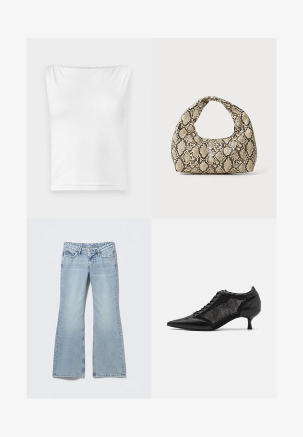 White sleeveless top with a straight neckline, made of smooth fabric, featuring a fitted silhouette and no visible hardware or patterns.; Light blue flared jeans with a faded finish, five-pocket design, and contrasting stitching. Cotton denim with a smooth texture.; Black pointed-toe shoe with a mesh panel design, featuring a low heel and lace-up front. Made from a combination of leather and mesh material.; Snake-print handbag with a curved handle. Made from textured, beige and brown materials, featuring a distinctive diamond pattern.