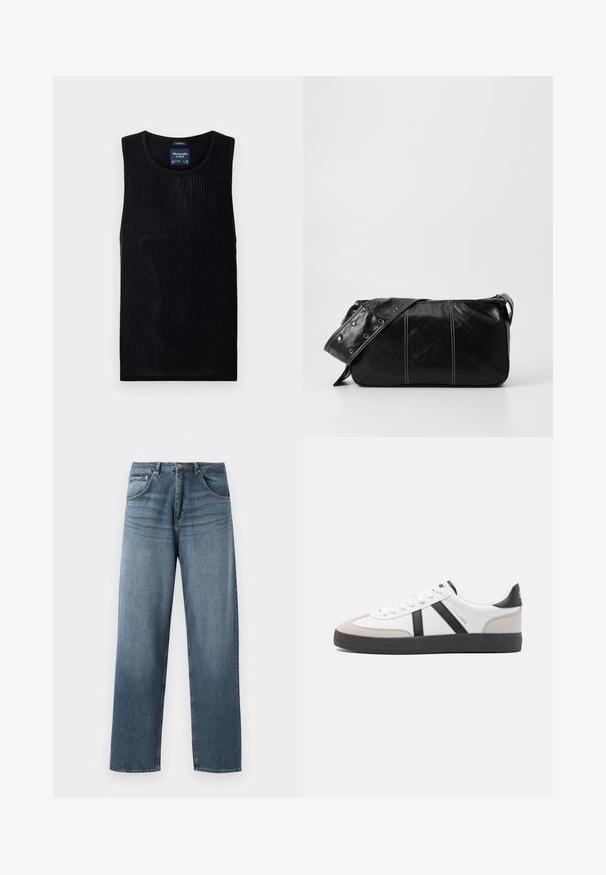 Top negru cu dungi, cu decolteu rotund și design scurt. Fabricat dintr-un material ușor, având o textură subtilă și fără broderii.; Jeans din denim albastru cu picioare drepte și umplutură decolorată, având un design cu cinci buzunare, nasture metalic și bucle pentru curea. Material structurat, de greutate medie.; Sneaker alb cu accente negre și gri, având un capac de vârf gri texturat, talpă din cauciuc negru și șireturi plate albe. Design elegant, stil minimalist.; Geantă de umăr din piele neagră cu închidere cu fermoar, având un corp texturat, cusături albe și o curea cu ochiuri argintii.