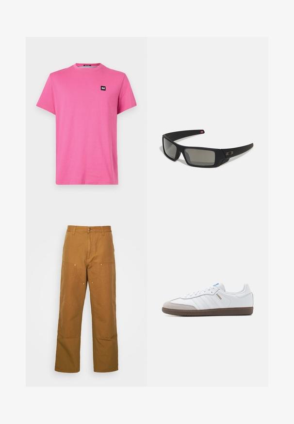 R短ās piedurknēm, apaļā kakla rozā T-krekls, izgatavots no kokvilnas. Uz krūtīm pa kreisi ir neliela melna etiķete. Gluda tekstūra, brīva piegriezuma.; Brūnas kokvilnas universālās bikses ar taisnu kāju dizainu, ar priekšējiem kabatām un metāla aksesuāriem, lai nodrošinātu papildu izturību.; Baltas ādas sporta apavi ar pelēku zamšādas purngalu, trim horizontālām baltām svītrām, zilā akcenta un brūnu gumijas zoli. Tekstūrēts detaļa uz zoles.; Melni saulesbrilles ar matētu apdari, taisnstūra lēcām, nedaudz izliektiem tempļiem, smalkiem logotipa elementiem un dūmu nokrāsas lēcām.