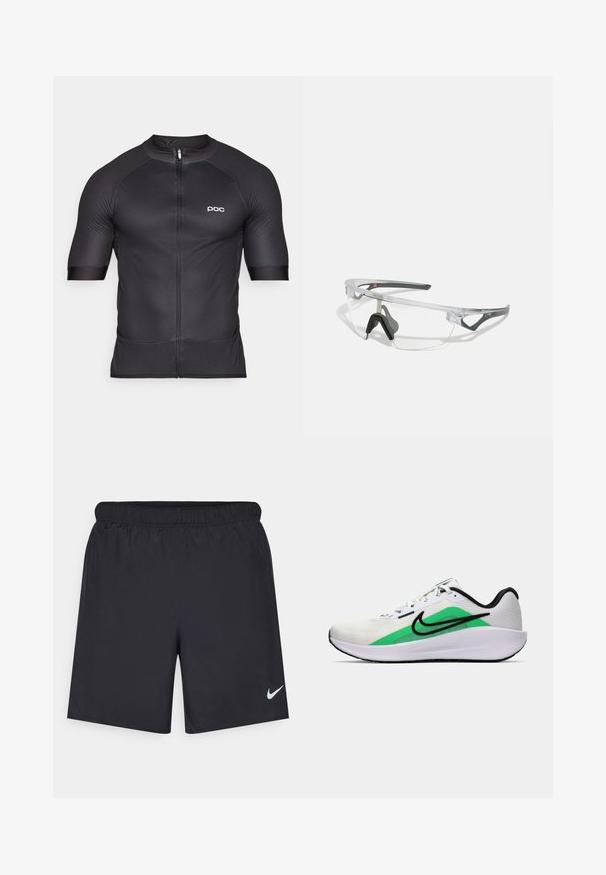 POC ESSENTIAL ROAD LOGO - Sykkeltrøyer - uranium black/hydrogen white; Svart sportskjørt laget av lett materiale med elastisk linning. Har en liten hvit Nike-logo nederst til venstre.; Hvit atletisk sko med grønt aksent, svart logo, mesh-overdel, polstret såle og rund hæl. Har snøring og kontrastdetaljer.; Klare sikkerhetsbriller med en lett, gjennomsiktig ramme og grå detaljer. Har en innpakket design og justerbar nesestykke.