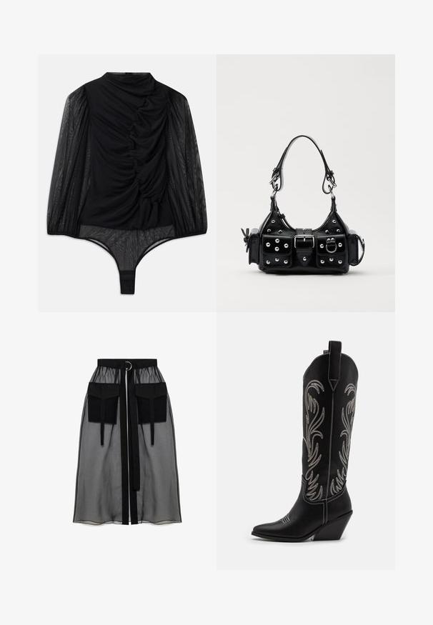 Hofmann Copenhagen FABIENNE - Top dugih rukava - black; Crna prozirna suknja s nabranim pojasom, koja ima dva velika prednja džepa, remen oko struka i okrugli metalni detalj.; Crne kožne kauboj čizme s šiljastim prstima, klinastim potpeticama i srebrnim izvezenim cvjetnim uzorcima duž osovine. Kontrastni šavovi posvuda.; Crna kožna torba s zakrivljenim dizajnom, koja sadrži srebrne zakovice, kopču i dva bočna džepa. Podesiva traka za različite opcije nošenja.
