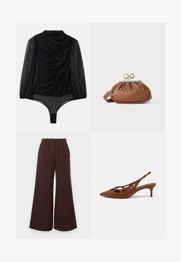 Hofmann Copenhagen FABIENNE - Hosszú ujjú felső - black; Magas derekú, bő szárú barna nadrág gombos és cipzáras záródással, övhurkokkal és elülső pliszékkel.; Barna bőrszíjjal készült sarok, hegyes orral, kivágott dizájnnal és varrott részletekkel. Karcsú sarokkal és állítható pánttal rendelkezik.; Barna bőrből készült clutch táska ezüst gömb záróval és kis ezüst lánc díszítéssel, fehér háttéren.