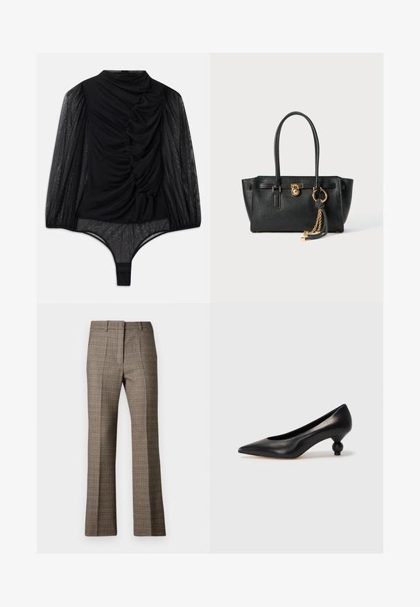 Hofmann Copenhagen FABIENNE czarny; Brązowe spodnie w kratę o prostym kroju nogawki, z teksturowanej tkaniny i subtelnymi kolorami beżu oraz ciemniejszego brązu w całym wzorze.; Czarna skórzana szpilka z ostrym czubkiem i okrągłym, kulistym obcasem. Gładka tekstura z eleganckim, minimalistycznym wzornictwem.; Czarna skórzana torebka na podwójnych uchwytach, ze złotym zamkiem i łańcuszkiem, a także czarno-białym ozdobnym frędzlem na białym tle.