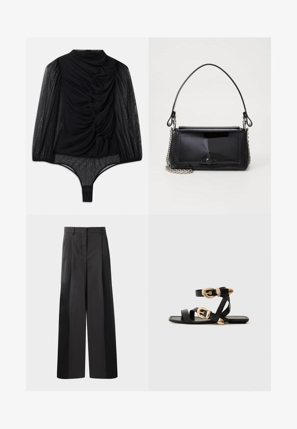 Hofmann Copenhagen FABIENNE - Långärmad tröja - black; Svarta byxor med vida ben och hög midja, med framveck, en slät textur och en skräddarsydd finish. Designade för en avslappnad passform.; Svarta lädersandaler med guldspännen, med flera remmar och platt såldesign för öppna tår.; Svart lackläderhandväska med rektangulär form, kedjestropp och en distinkt hårdvaruaccent i mitten. Slät textur.