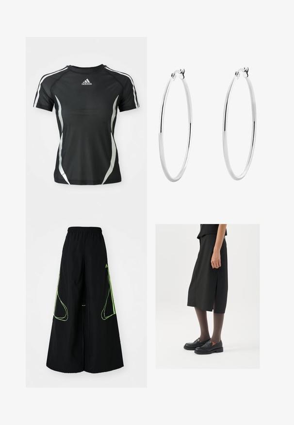 Svart Adidas treningst-skjorte med korte ermer, hvite striper på skuldrene og sølvfargede buede detaljer på sidene.; adidas Originals TEAMGEIST - Joggebukse - black/signal green; Svart knelengde skjørt med sidespalte, parret med svarte loafers og gjennomsiktige brune strømpebukser, med en glatt stoffkvalitet og enkel design.; Sølv ringøredobber med en glatt, polert overflate og en tynn, sirkulær form. Designet har en sikker clasp.