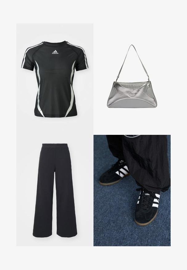 Camisa atlética preta de manga curta da Adidas com riscas brancas nos ombros e detalhes curvos prateados nas laterais.; Calças de fato largas, pretas, feitas de tecido macio, com uma cintura elástica e um pequeno logótipo do lado esquerdo.; Tênis atléticos em camurça preta com três listras brancas e cadarços pretos. Uma calça preta texturizada é parcialmente visível ao lado dos tênis.; Bolsa metálica prateada com um design elegante e estruturado, apresentando um corpo texturizado, uma alça de ombro e um detalhe em logotipo em relevo.