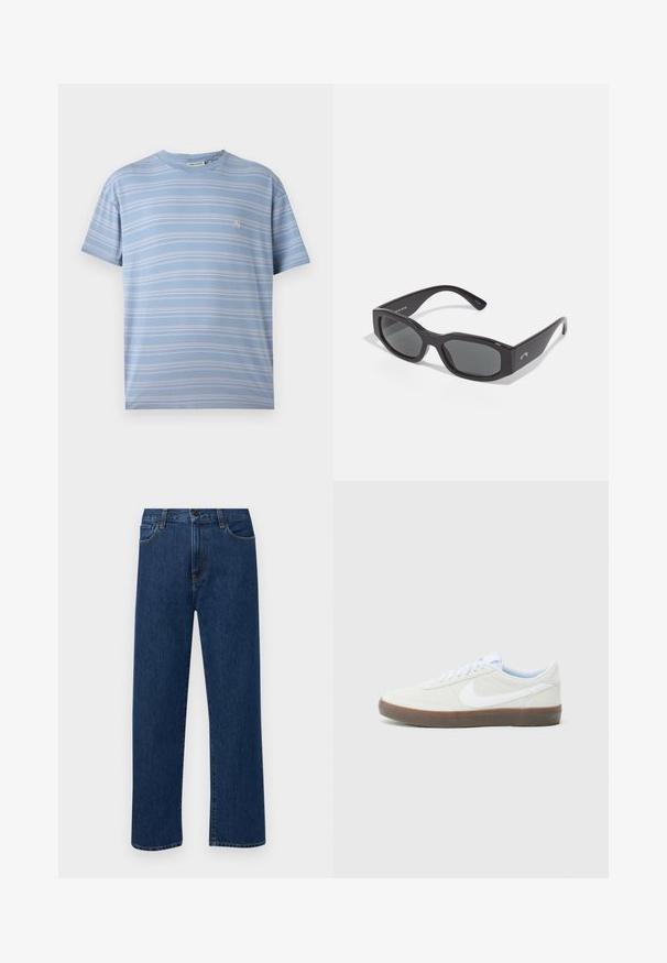 Heledsinine triibuline t-särk, mis sisaldab horisontaalseid valgeid triibu, ringikujuline kaelus ning väike roosa logo vasakul rinnapesal. Pehme puuvillane kangas.; Tumedat sinised sirged teksapüksid esikottide ja nupuklõpsuga, esitatud helesinisel taustal.; Heledad hallhall värvi spordijalats, millel on valge Nike logoga silt, tekstuuriga pealisosa ja pruun kummitald. Omab ümmarguseid paelu ja pehmendatud krae.; Must musta saarnaste prillide mustad raamid tumedate läätsedega. Paks plastikraam sileda viimistlusega, millel on külgedel peen bränding.