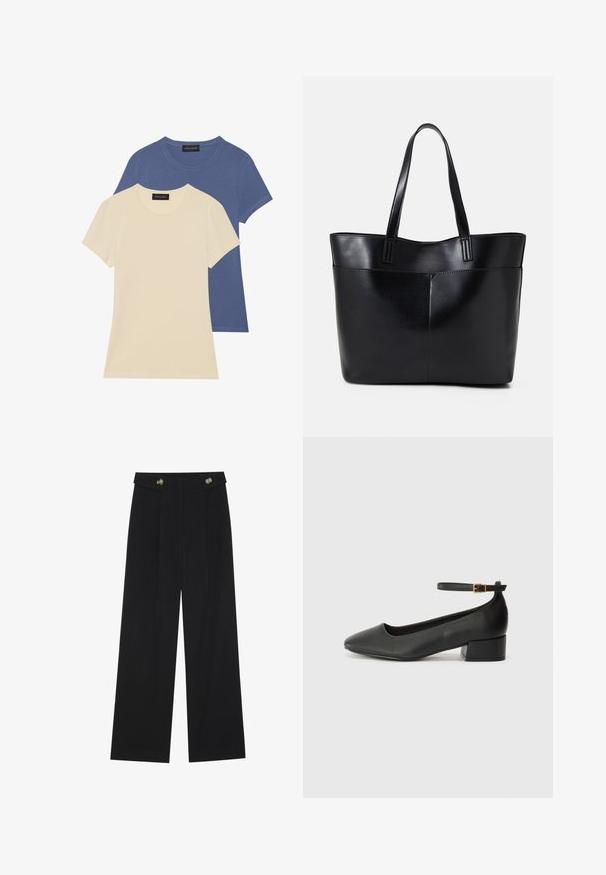 Dve kratke majice s kratkimi rokavi: ena smetana in ena modra. Obe imata okroge izreze in so narejene iz mehkega, gladkega bombaža.; Črne široke hlače s visokim pasom, gumbnimi detajli na pasu in sprednjimi gubami.; Črne usnjene pumpice z nazobčanimi prsti in nizko blokasto peto. Imajo trak okoli gležnja z zaponko v zlatem tonu. Gladka tekstura.; Črna usnjena torba z dvema dolgima ročajema, gladko teksturo in strukturirano obliko. Ima sprednji žep za dodatno shranjevanje.
