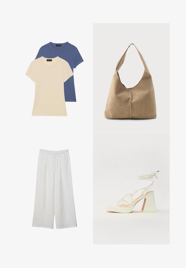 Dwie koszulki z krótkim rękawem: jedna w kolorze kremowym, a druga niebieska. Obie mają okrągłe dekolty i są wykonane z miękkiej, gładkiej bawełny.; Białe szerokie spodnie wykonane z lekkiego materiału, z elastyczną talią i sznurkiem do regulacji fasonu. Gładka tekstura.; Biała sandał na wysokim obcasie z masywnym słupkiem, z paskowym wzorem i wiązaniem przy kostce. Gładka faktura z platformą z przodu dla dodatkowej wysokości.; Torba hobo w miękkim beżowym zamszu o luźnym kształcie, szerokim pasku na ramię i ręcznie szytym szczególe na przedzie.
