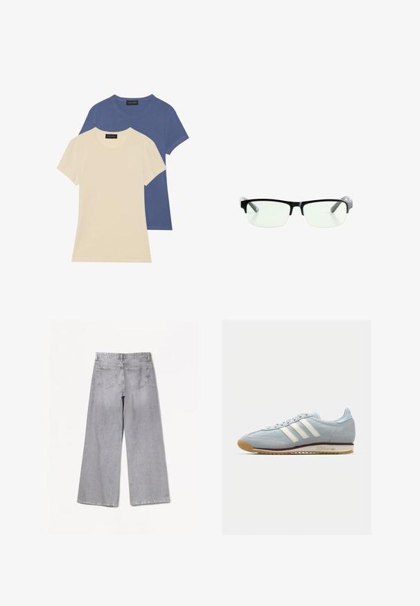 Két rövid ujjú póló: az egyik krémszínű, a másik kék. Mindkettő kerek nyakkivágással és puha, sima pamut anyagból készült.; Bershka WIDE-LEG - Széles szárú - grey; Világoskék velúr sneaker fehér három csíkkal, gumitalppal és texturált hálós anyaggal. Jellemzője a sima orr-rész és a logó a saroknál.; Fekete téglalap alakú szemüveg, tiszta lencsékkel, elegáns fekete kerettel és szürke áttetsző szárakkal. Minimalista dizájn, látható márkajelzés nélkül.