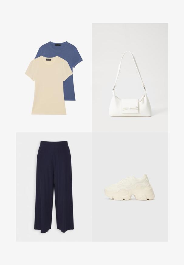 To korte ermers t-skjorter: en kremfarge og en blå. Begge har rund hals og er laget av myk, jevn bomull. Metoden; Bredde bukser i mørk marineblå stoff med ribbet tekstur. Har en glatt midje og en luftig silhuett, som når midt på leggen.; Chunky hvite sneakers laget av teksturert mesh og syntetiske materialer, med en tykk såle og intrikate mønsterdetaljer langs sidene.; Hvit syntetisk håndveske med trekantet form, flat klaff foran og sløyfe detaljer, justerbar stropp, glatt tekstur og minimalistisk design.