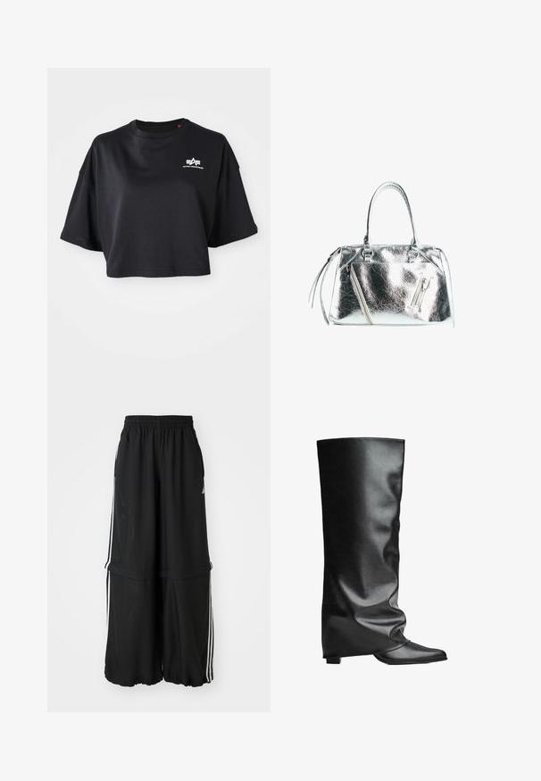 Tricou scurt negru din bumbac, cu guler rotund, mâneci scurte și un logo alb pe piept. Textură netedă.; Body din dantelă albă cu mâneci lungi, având un model țesut și un decolteu adânc la spate, cu un deschidere înaltă la picior.; Pantaloni atletici negri cu un tiv elastic, dungi pe lateral și o croială lejeră, cu un tiv strâns pentru un aspect fluid.; Bocanci negri din piele până la genunchi, cu o textură netedă, design lejer, vârf ascuțit și toc pătrat mic. Stil minimalist fără elemente de hardware vizibile.; Geantă argintie metalizată cu o formă structurată, două mânere superioare și buzunare cu fermoar în față. Textură netedă și strălucitoare.