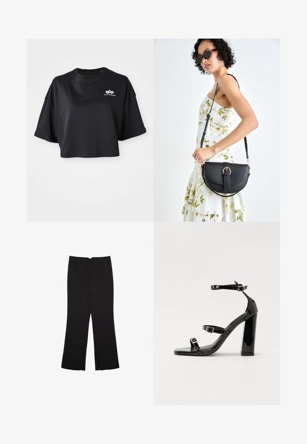 Sort cropped t-shirt lavet af bomuld, med en rund halsudskæring, korte ærmer og et hvidt logo på brystet. Glat tekstur.; Sorte bukser med lige pasform, der har frontlommer og slidser i kanten. Lavet af blødt, glat stof. Velegnet til forskellige anledninger.; Sorte patenterede hælsandaler med firkantet tå, ankelremme og sølvspænder. Har en chunky blokHæl for stabilitet.; Sort læderhåndtaske med en buet form, aftagelig rem og guldfinish. Tasken har en klap med en spænde detalje.