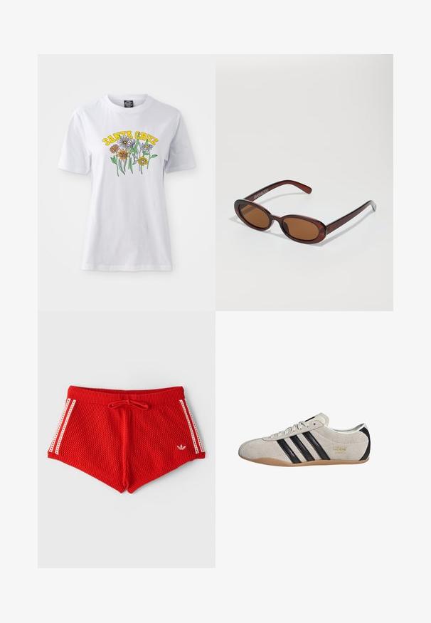 Valkoinen puuvillapaita, jossa on värikäs kukkakuvio ja "SANTA CRUZ" -teksti keltaisena, pyöreä kaulus, lyhyet hihat ja rento istuvuus.; Punaiset neulehousut, joissa on ribattu vyötärö, nauhavedin ja valkoiset sivupystyt. Edessä vasemmalla pieni valkoinen logo.; Tennarit mokkanahkaa harmaalla päällä, mustilla raidoilla ja kumipohjalla. Varustettu nauhakiinnityksellä ja kultaisella logo-yksityiskohdalla sivussa.; Pyöreät, ruskehtavat aurinkolasit, joissa on kiiltävä burgundinpunainen runko. Kapeat sivut, joissa on hienovarainen brändäys. Litteät linssit.