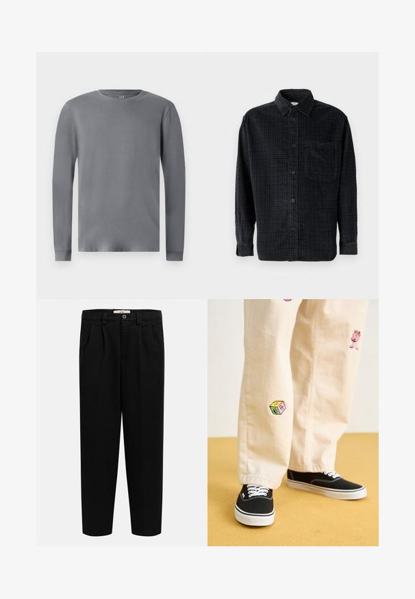 Maglietta grigia a maniche lunghe in morbido cotone, con scollo rotondo e polsini aderenti. Design semplice e privo di decorazioni.; Camicia a maniche lunghe a quadri nera realizzata in tessuto morbido, con chiusura a bottoni, colletto e taschino sul petto.; Pantaloni neri a gamba dritta a vita alta con passanti per cintura, pieghe frontali, tasche laterali e chiusura con bottone in vita.; Pantaloni di cotone beige con divertenti ricami che includono un personaggio rosa e un blocco colorato, abbinati a sneaker nere con lacci.
