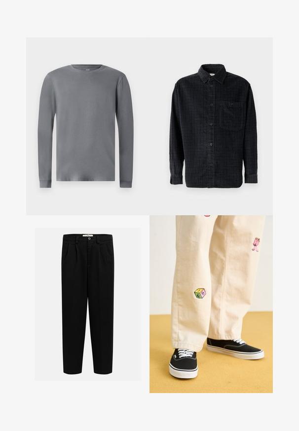 Grau langärmliges T-Shirt aus glattem Baumwollstoff, mit Rundhalsausschnitt und eng anliegenden Bündchen. Einfaches, ungeschmücktes Design.; Schwarz-weiß kariertes Langarmhemd aus weichem Stoff, mit einer Knopfleiste, Kragen und einer Brusttasche.; Schwarze Hosen aus weichem Stoff, mit geradem Bein, vorderen Falten und einem Knopfverschluss an der Taille.; Beige Baumwollhosen mit verspielten, gestickten Motiven, darunter eine pinke Figur und bunte Blöcke, kombiniert mit schwarzen Schnürsneakern.