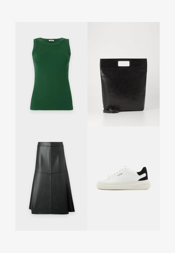 Top a maniche corte verde a costine, con scollatura rotonda, caratterizzato da una texture liscia e una silhouette aderente.; Gonna nera in pelle a forma A, texture liscia, lunghezza a metà polpaccio, presenta dettagli di cucitura orizzontale in vita e nelle cuciture per un maggiore supporto.; Sneaker bianchi in pelle con suola spessa bianca, accento in suede nero sul tallone e logo impresso sul lato. Design con lacci e sei fori per i lacci.; Borsa tote in pelle nera con manico quadrato, caratterizzata da una finitura testurizzata e logo impresso. Include una tracolla rimovibile.