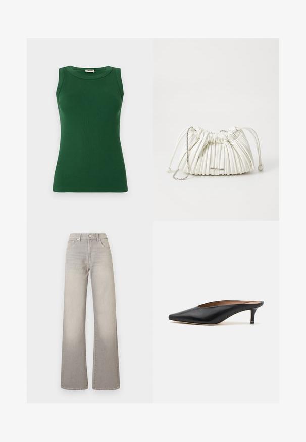 Green sleeveless ribbed tank top with a round neckline, featuring a smooth texture and a fitted silhouette.; Gray wide-leg jeans with a faded finish, button closure, five-pocket design, and stitched detailing along the seams.; Black leather mules with a pointed toe and low, block heel. Smooth texture with a sleek design. Open back with minimal detailing.; White pleated handbag made of soft material. Features drawstring closure, braided handles, and a silver-tone hardware accent.