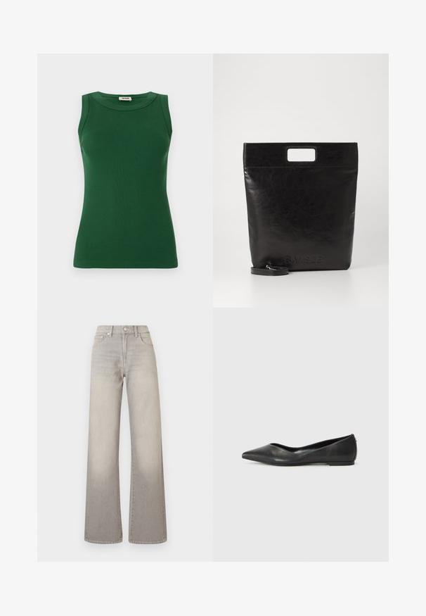 Green sleeveless ribbed tank top with a round neckline, featuring a smooth texture and a fitted silhouette.; Gray wide-leg jeans with a faded finish, button closure, five-pocket design, and stitched detailing along the seams.; Black leather ballet flat with a pointed toe, low heel, and smooth texture. Minimal design with a subtle side accent.; Black leather tote bag with a square handle, featuring a textured finish and embossed logo. Includes a detachable strap.