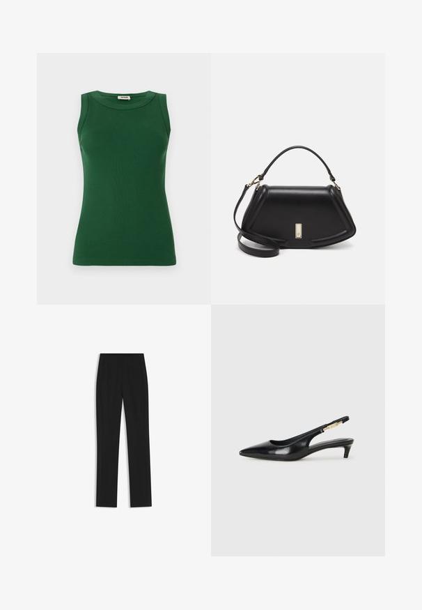Vihreä hihaton ribbipaita pyöreällä kaula-aukolla, jossa on sileä pinta ja kohtalaisesti istuva siluetti.; Mustat räätälöidyt housut suoran lahkeen designilla, joissa on etutaskut ja sileä, teksturoitu kangas. Siistit, minimalistiset yksityiskohdat.; Mustat nahkaiset slingback-korkokengät, joissa on terävä kärki, ohuet korot ja kultasävytteinen yksityiskohta säädettävässä hihnassa. Silkkinen pinta.; Mustalla nahkalaukulla, jossa on jämäkkä muotoilu, lyhyt malli, yläkahva ja kultaiset yksityiskohdat. Säädettävä olkahihna sisältyy.