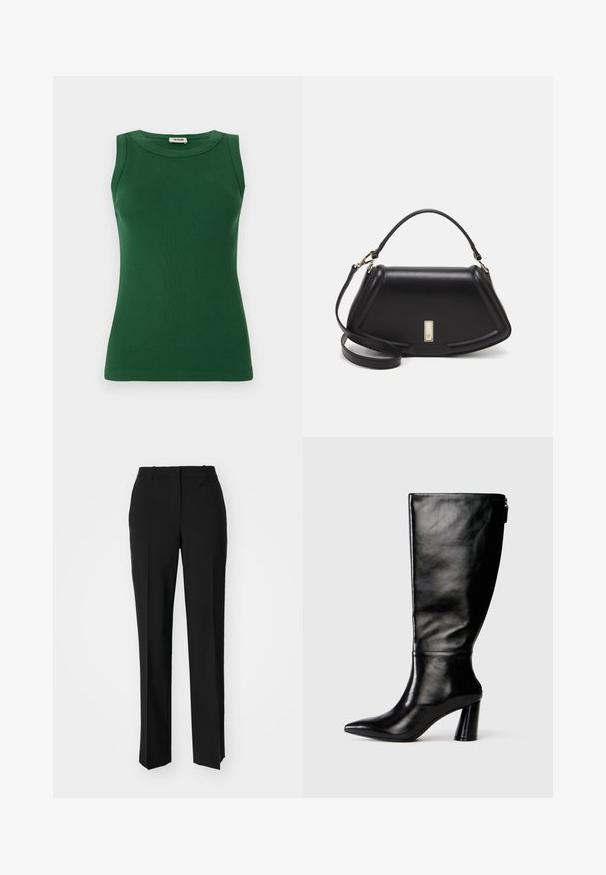 Vihreä hihaton ribbipaita pyöreällä kaula-aukolla, jossa on sileä pinta ja kohtalaisesti istuva siluetti.; Mustat räätälöidyt housut suoraa lahjetta, joissa on sileä pinta ja terävät taitteet edessä. Ei näkyvää metalliosaa.; Mustat nahkasaappaat, joissa on terävä kärki, sileä pinta ja paksu korko. Takana on vetoketjuyksityiskohta.; Mustalla nahkalaukulla, jossa on jämäkkä muotoilu, lyhyt malli, yläkahva ja kultaiset yksityiskohdat. Säädettävä olkahihna sisältyy.