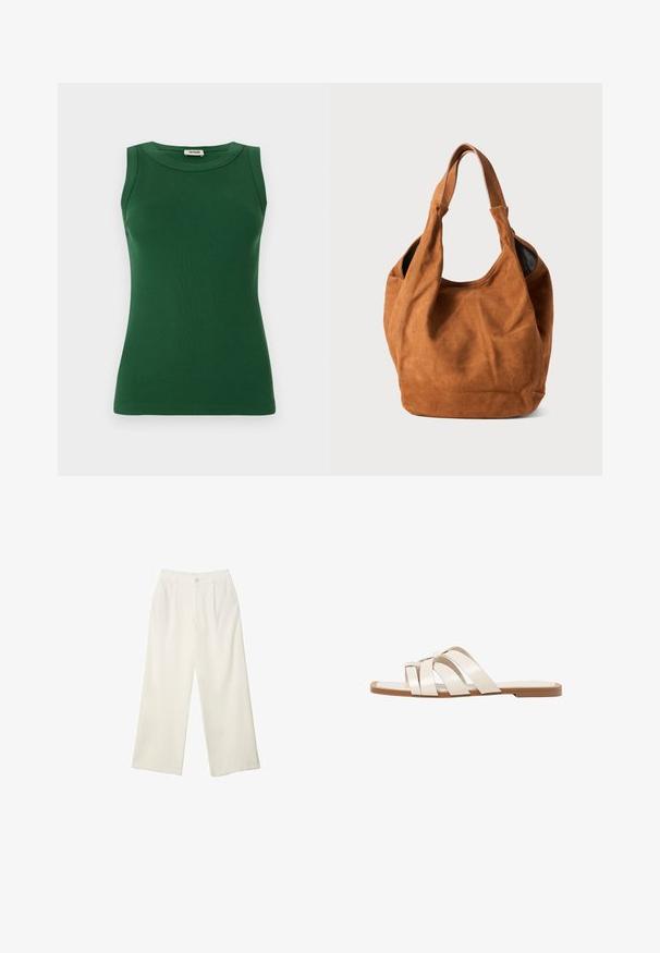Zelena brezrokavna rebrovana majica z okroglim izrezom, ki se ponaša z gladko teksturo in prilega telesu.; Hlače širokih nogavic iz kremaste tkanine z gladko teksturo, z enim sprednjim gumbom, diskretnimi plisami in visokim pasom.; Ravne sandale s svetlo rjavim gumijastim podplatom, zasnovane s tremi prekrivajočimi se belimi usnjenimi trakovi in majhnim lokom na sredini.; Rjava semiš torba za ramo z mehkobo, ukrivljeno obliko in dvema ročajema. Ima minimalen dizajn brez vidnih kovinskih delov ali okrasnih elementov.
