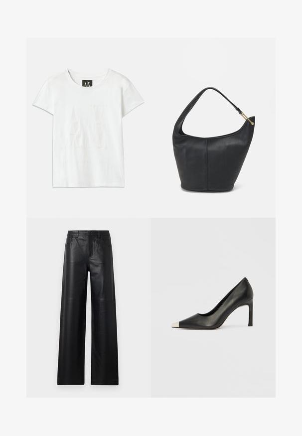 Hvid bomulds t-shirt med korte ærmer, der har et let hævet logo "AX" på fronten og teksten "ARMANI EXCHANGE" nedenunder i et diskret design.; Bredde ben sorte læderbukser med en glat tekstur, der har frontlommer, knaplukning og subtile syninger.; Sort læder højhælet sko med spids tå og metal-sølv hætte. Har en glat finish og en slank hæl på 10 cm.; Sort læderhandtaske med en rund form, bred rem og textured finish. Har en subtil sømdetalje og en hardware i gyldent tone.