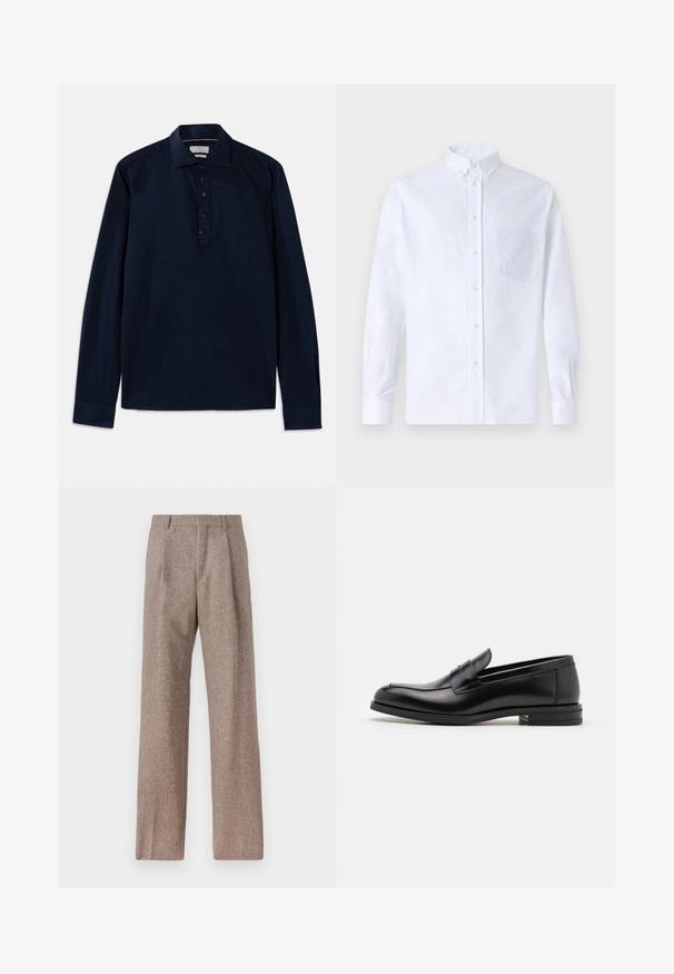 Michael Kors Majica z dolgimi rokavi - navy; Bela dolgo rukava srajca s kragnico, izdelana iz bombaža, z žepom na prsih in toniranimi vezeninami ter gumbi na manšetah.; Rjave hlače z visokim pasom, izdelane iz teksturirane tkanine. Imajo široke noge in dve sprednji pregibi za strukturo. Urejen zaključek brez vidne strojne opreme.; Črne usnjene loafer čevlje z gladko teksturo, zaobljenim nosom in dekorativnim trakom čez zgornji del. Nizka zložena peta, minimalističen dizajn.