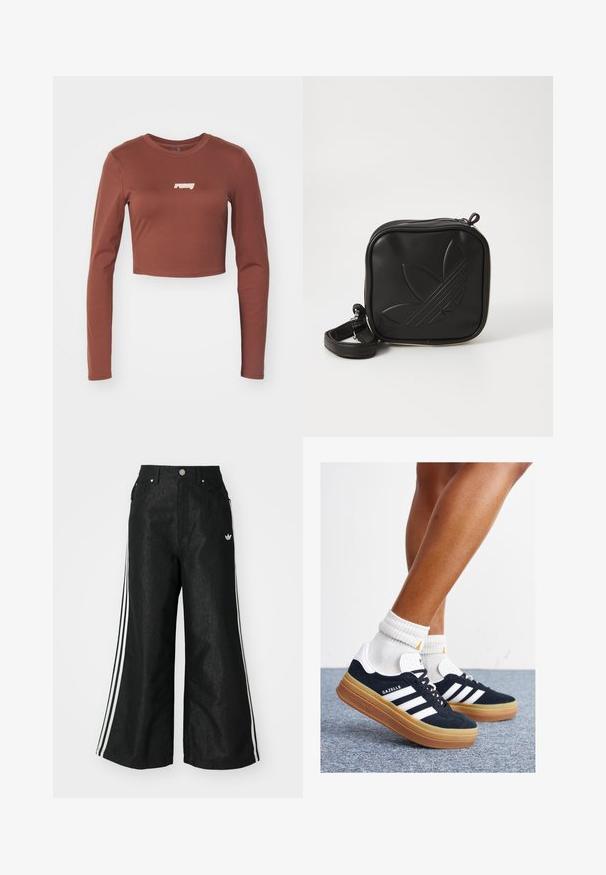 Brun langærmet crop top lavet af et strækbart materiale, med et hvidt "ruby" logo på forsiden. Glat tekstur og tætsiddende design.; Sorte vide denim bukser med tre hvide striber på hver side og et lille hvidt logo. Indeholder forlommer og en knaplukning.; Sorte sneakers i ruskind med hvide striber og detaljer, rundet tå, ydersål i gummi, kombineret med hvide ribstrikkede crew sokker.; Sort kvadratisk crossbody taske lavet af tekstureret syntetisk materiale. Har et prægede logo design og justerbar strop. Lynlåslukning.